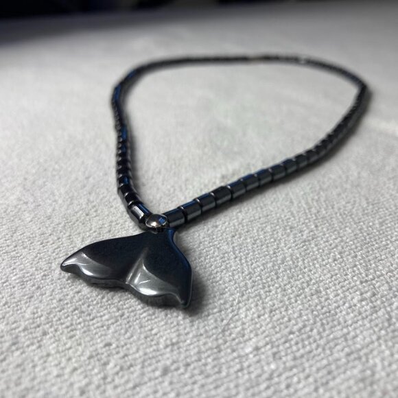 Hematite Barrel Beaded Necklace with Whale Tail Pendant - Picture 1 of 5